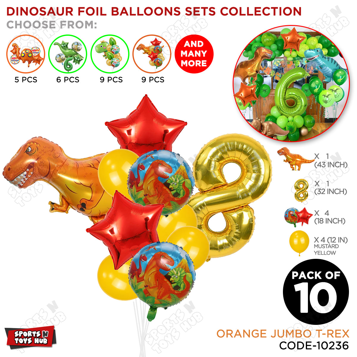 Jumbo T-Rex Orange Dino Foil Balloon Pack Of 10 Set With 32 Inch Foil Number Balloons