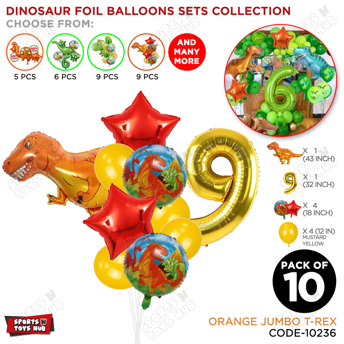 Jumbo T-Rex Orange Dino Foil Balloon Pack Of 10 Set With 32 Inch Foil Number Balloons