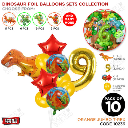 Jumbo T-Rex Orange Dino Foil Balloon Pack Of 10 Set With 32 Inch Foil Number Balloons