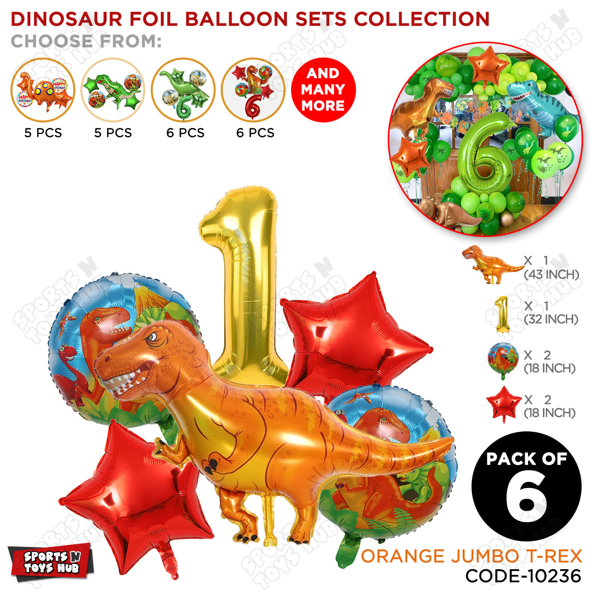 T-Rex Dino Orange  Foil Balloon Pack Of 6 Set With 32 Inch Foil Number Balloons