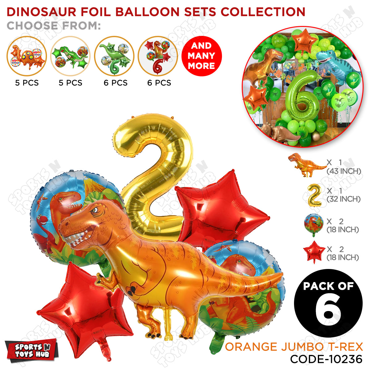 T-Rex Dino Orange  Foil Balloon Pack Of 6 Set With 32 Inch Foil Number Balloons