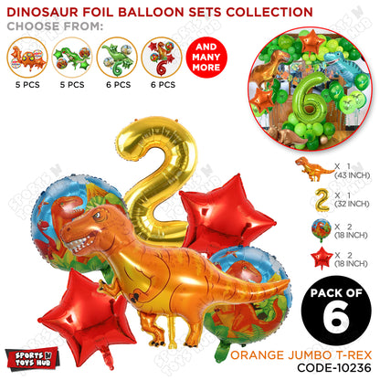 T-Rex Dino Orange  Foil Balloon Pack Of 6 Set With 32 Inch Foil Number Balloons