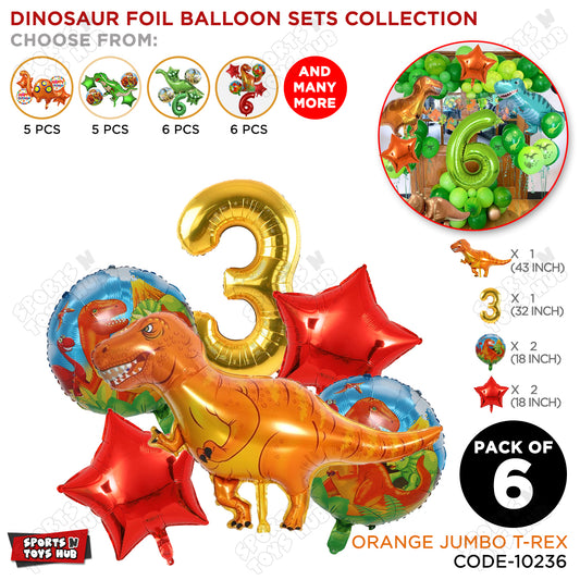 T-Rex Dino Orange  Foil Balloon Pack Of 6 Set With 32 Inch Foil Number Balloons