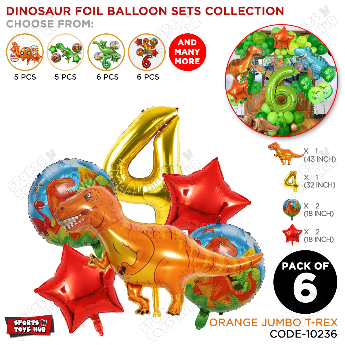 T-Rex Dino Orange  Foil Balloon Pack Of 6 Set With 32 Inch Foil Number Balloons
