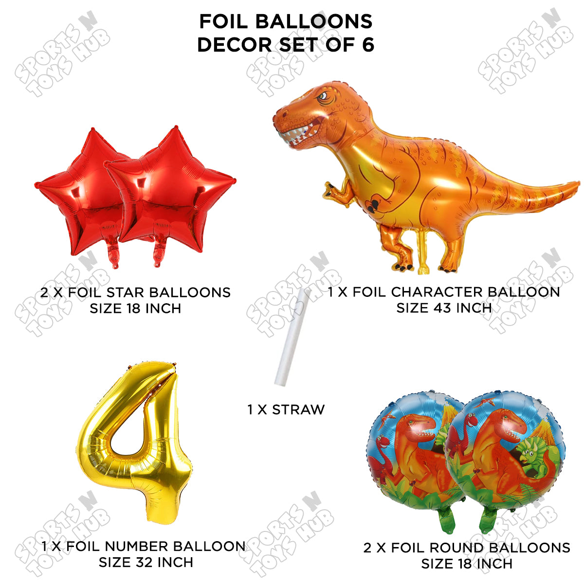 T-Rex Dino Orange  Foil Balloon Pack Of 6 Set With 32 Inch Foil Number Balloons