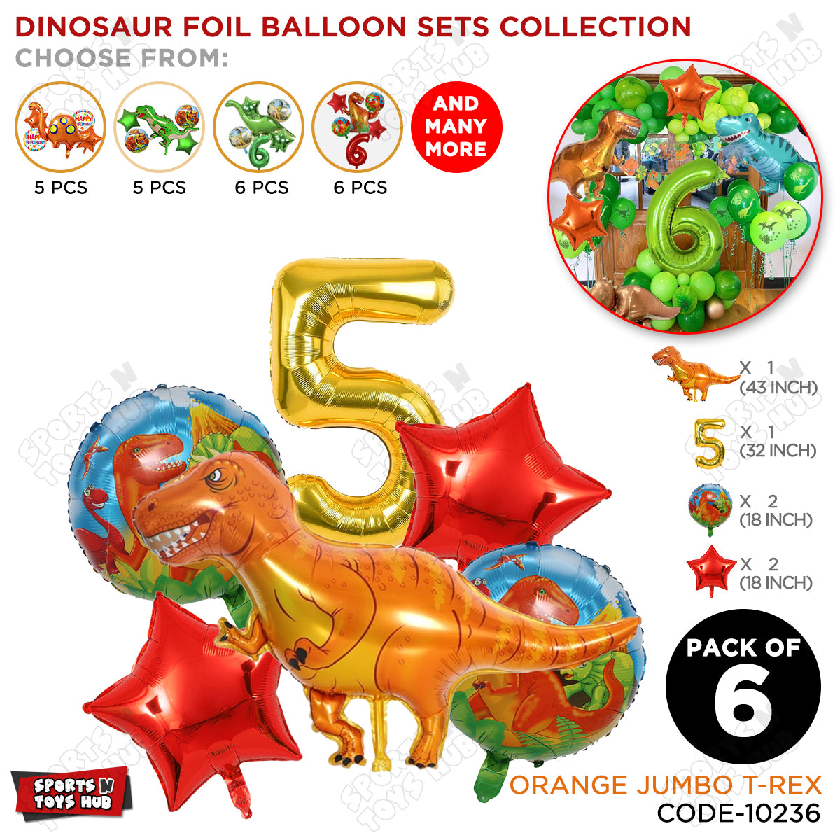 T-Rex Dino Orange  Foil Balloon Pack Of 6 Set With 32 Inch Foil Number Balloons