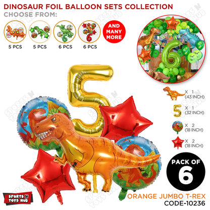 T-Rex Dino Orange  Foil Balloon Pack Of 6 Set With 32 Inch Foil Number Balloons