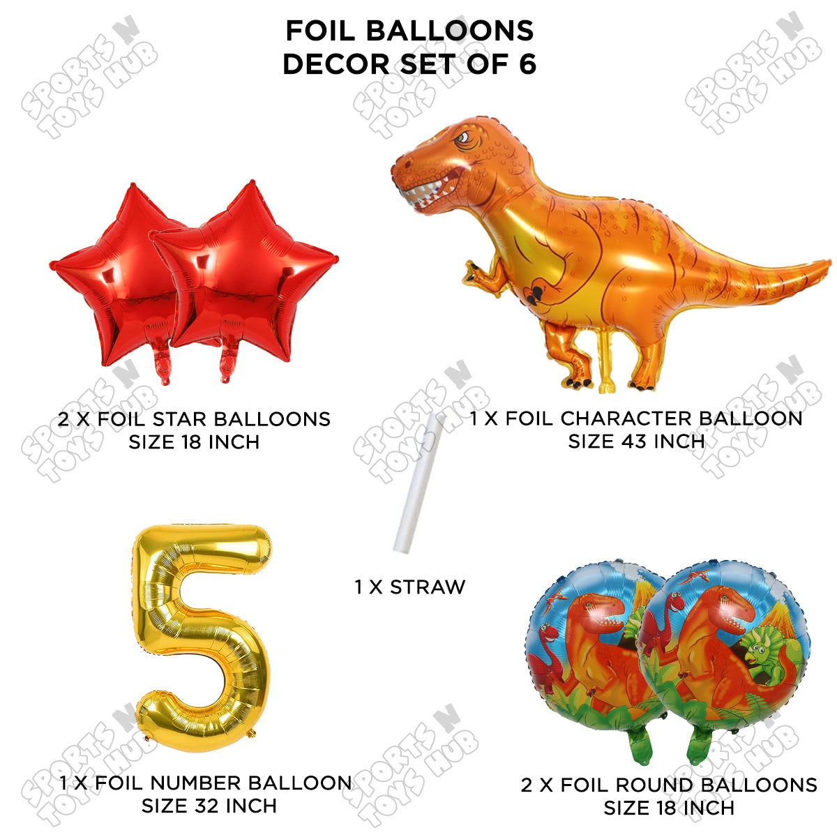 T-Rex Dino Orange  Foil Balloon Pack Of 6 Set With 32 Inch Foil Number Balloons