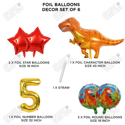 T-Rex Dino Orange  Foil Balloon Pack Of 6 Set With 32 Inch Foil Number Balloons