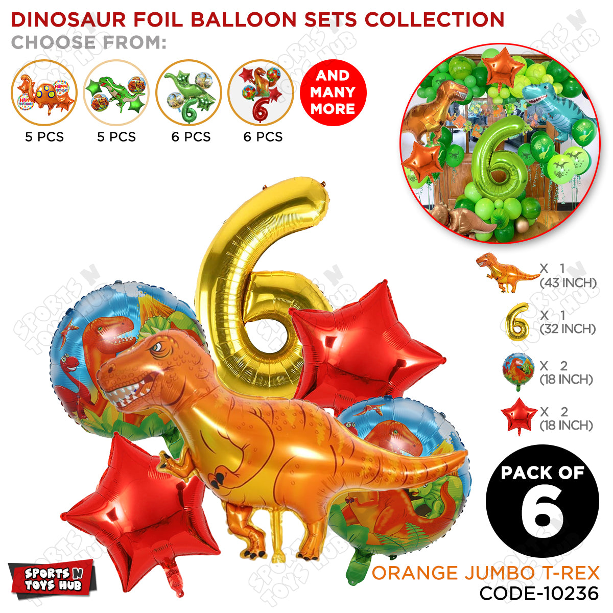 T-Rex Dino Orange  Foil Balloon Pack Of 6 Set With 32 Inch Foil Number Balloons