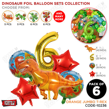 T-Rex Dino Orange  Foil Balloon Pack Of 6 Set With 32 Inch Foil Number Balloons