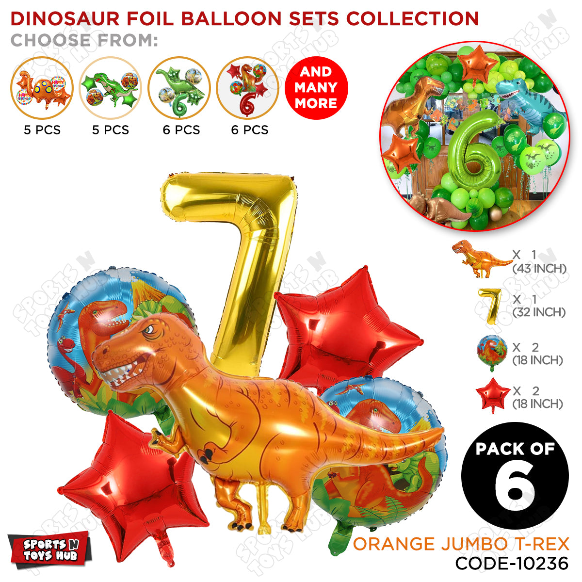 T-Rex Dino Orange  Foil Balloon Pack Of 6 Set With 32 Inch Foil Number Balloons
