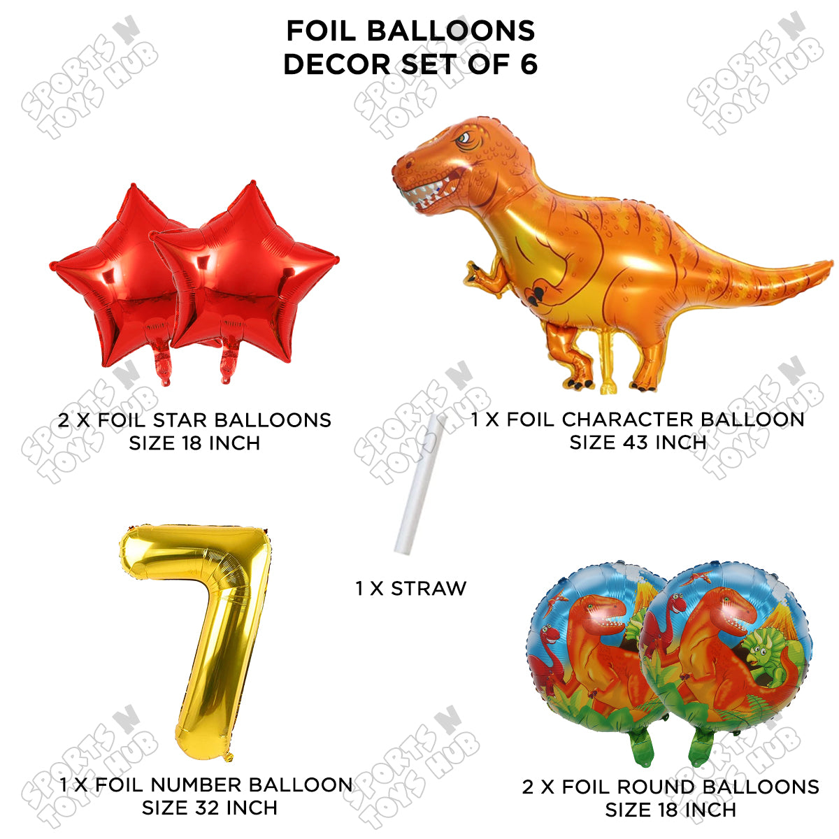 T-Rex Dino Orange  Foil Balloon Pack Of 6 Set With 32 Inch Foil Number Balloons