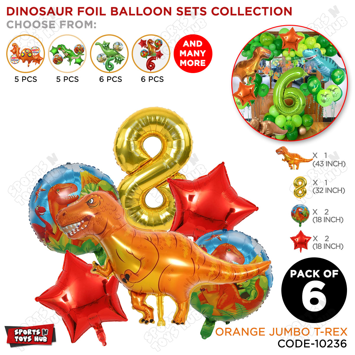 T-Rex Dino Orange  Foil Balloon Pack Of 6 Set With 32 Inch Foil Number Balloons