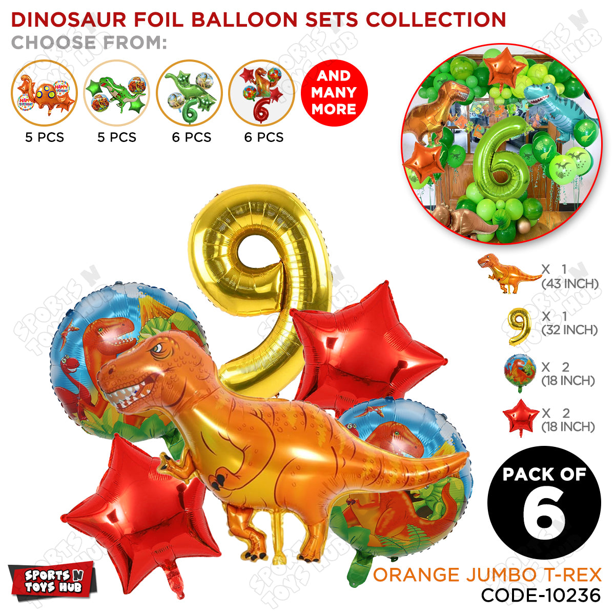 T-Rex Dino Orange  Foil Balloon Pack Of 6 Set With 32 Inch Foil Number Balloons