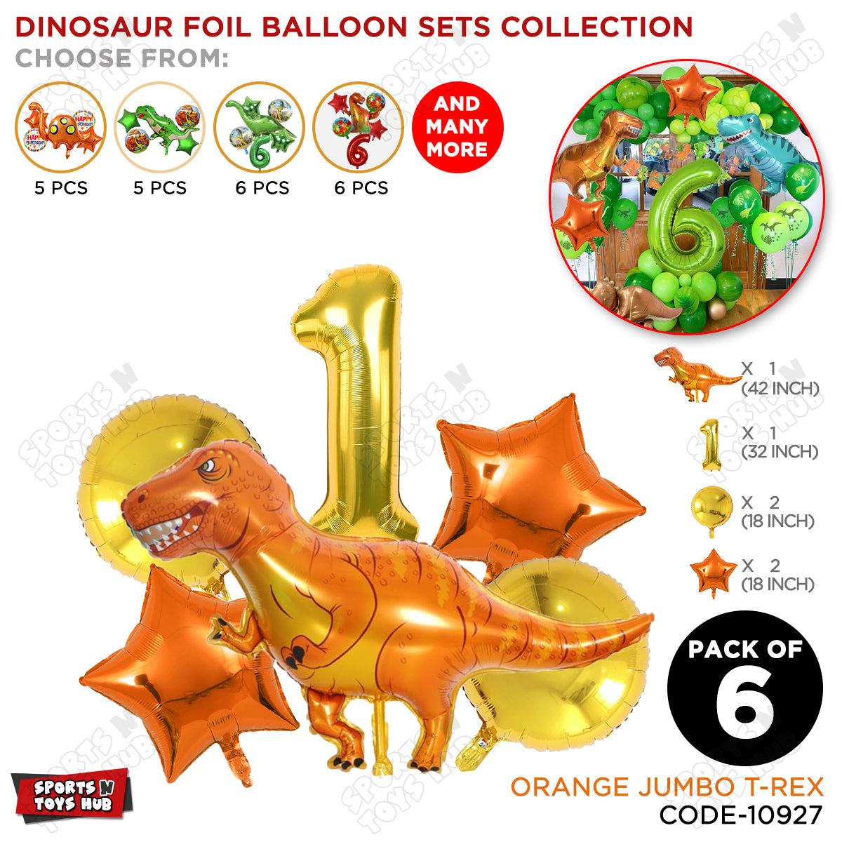 Jumbo T-Rex Orange Dino Foil Balloon Pack Of 6 Set With 32 Inch Foil Number Balloons