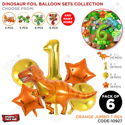 Jumbo T-Rex Orange Dino Foil Balloon Pack Of 6 Set With 32 Inch Foil Number Balloons