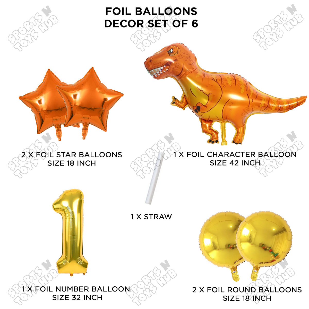 Jumbo T-Rex Orange Dino Foil Balloon Pack Of 6 Set With 32 Inch Foil Number Balloons