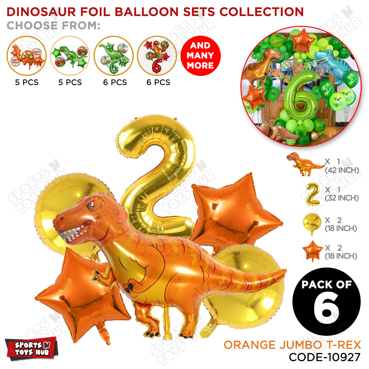 Jumbo T-Rex Orange Dino Foil Balloon Pack Of 6 Set With 32 Inch Foil Number Balloons