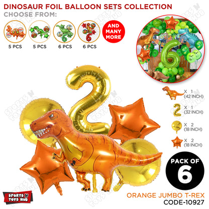 Jumbo T-Rex Orange Dino Foil Balloon Pack Of 6 Set With 32 Inch Foil Number Balloons