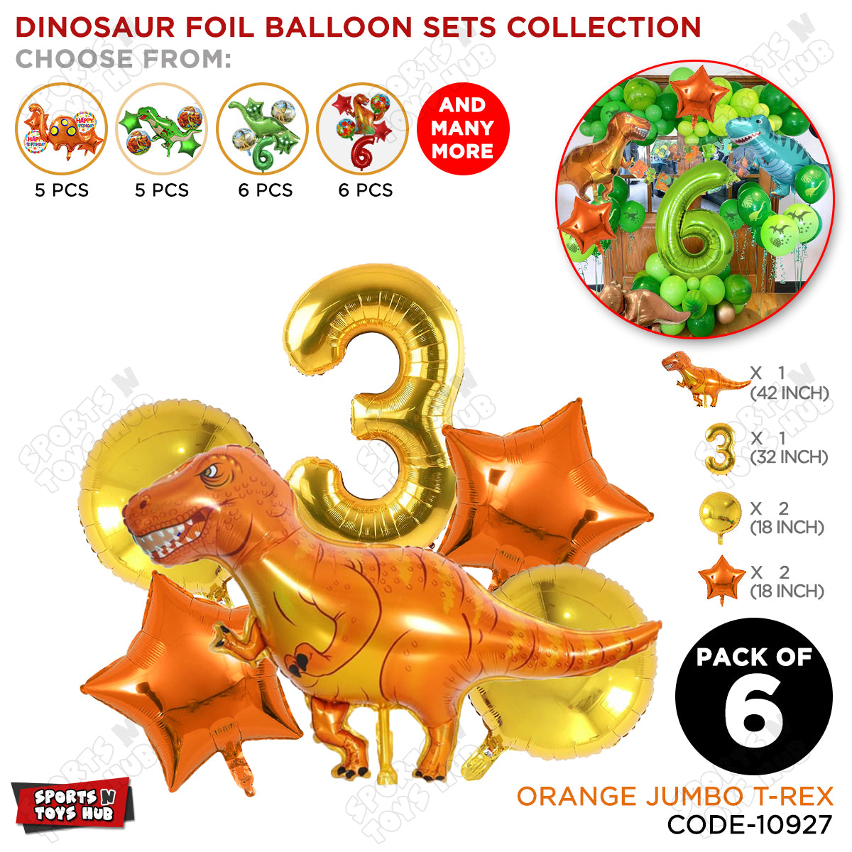 Jumbo T-Rex Orange Dino Foil Balloon Pack Of 6 Set With 32 Inch Foil Number Balloons