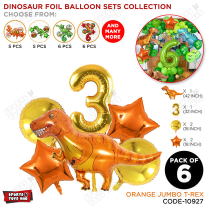 Jumbo T-Rex Orange Dino Foil Balloon Pack Of 6 Set With 32 Inch Foil Number Balloons
