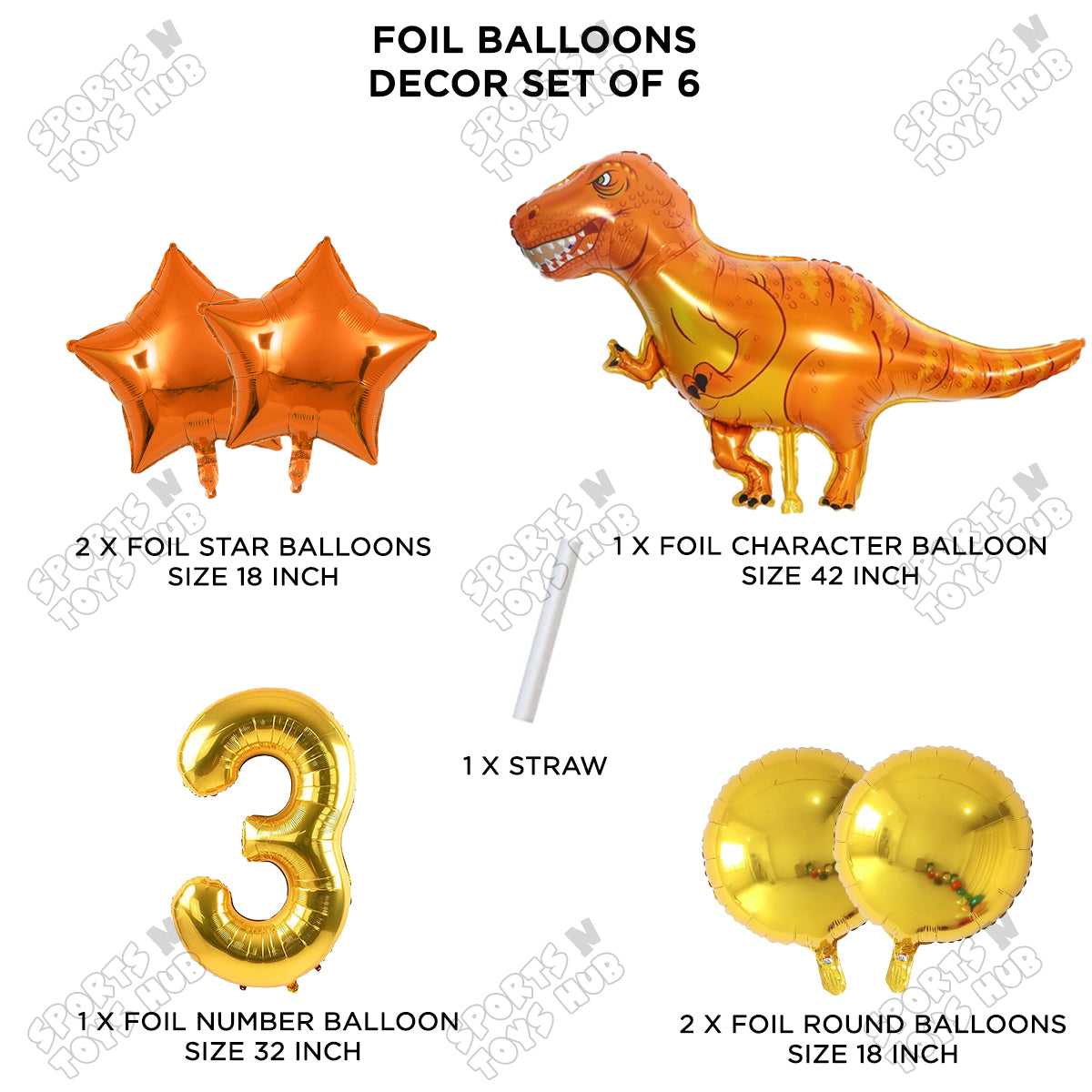 Jumbo T-Rex Orange Dino Foil Balloon Pack Of 6 Set With 32 Inch Foil Number Balloons