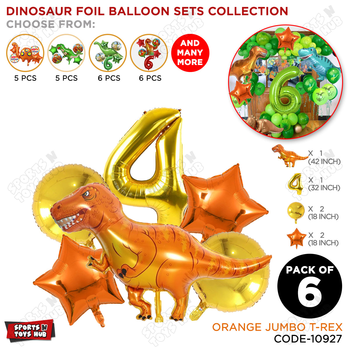 Jumbo T-Rex Orange Dino Foil Balloon Pack Of 6 Set With 32 Inch Foil Number Balloons