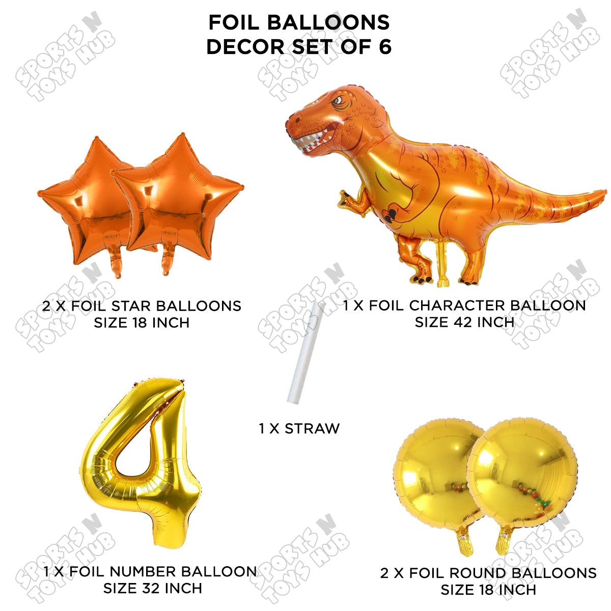 Jumbo T-Rex Orange Dino Foil Balloon Pack Of 6 Set With 32 Inch Foil Number Balloons