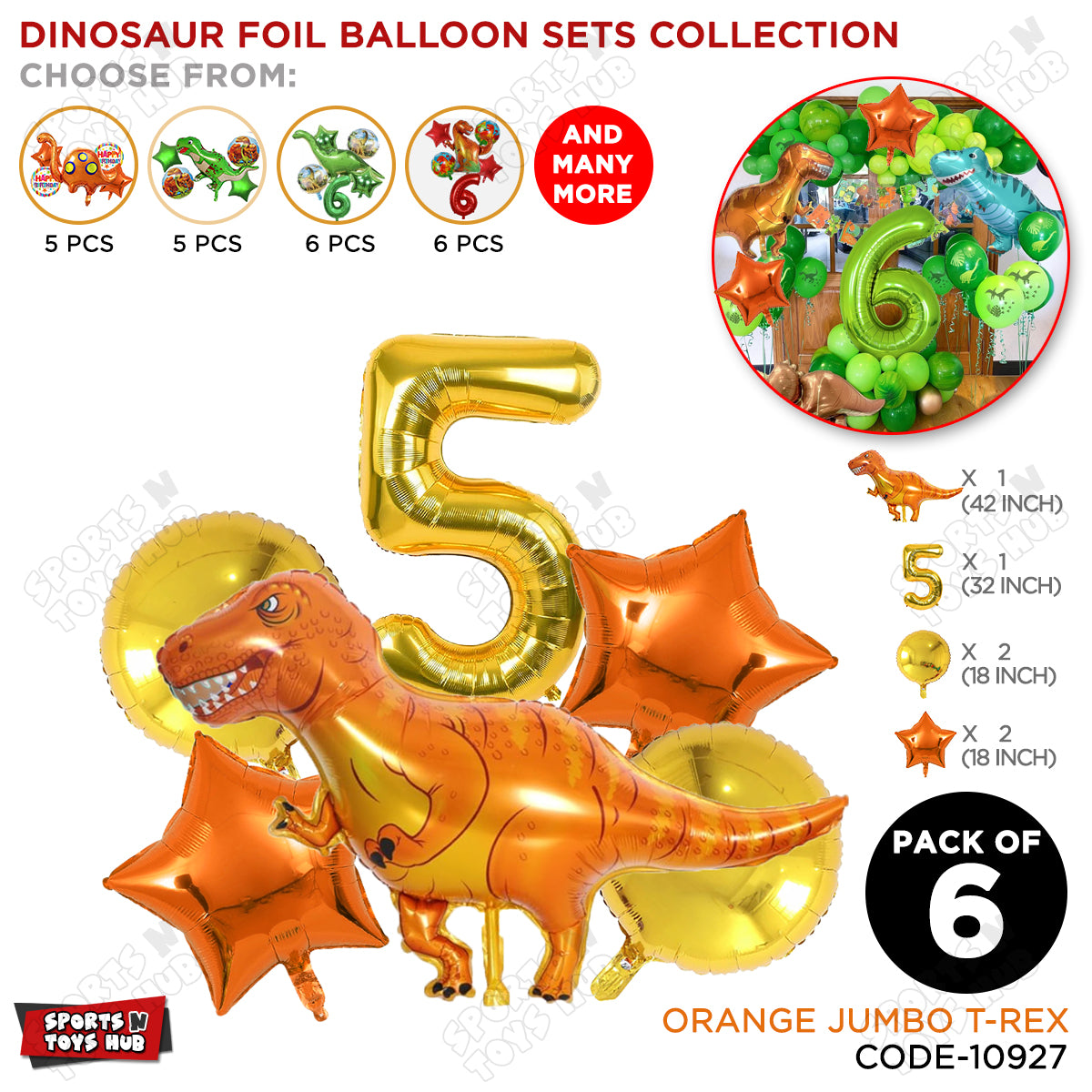 Jumbo T-Rex Orange Dino Foil Balloon Pack Of 6 Set With 32 Inch Foil Number Balloons