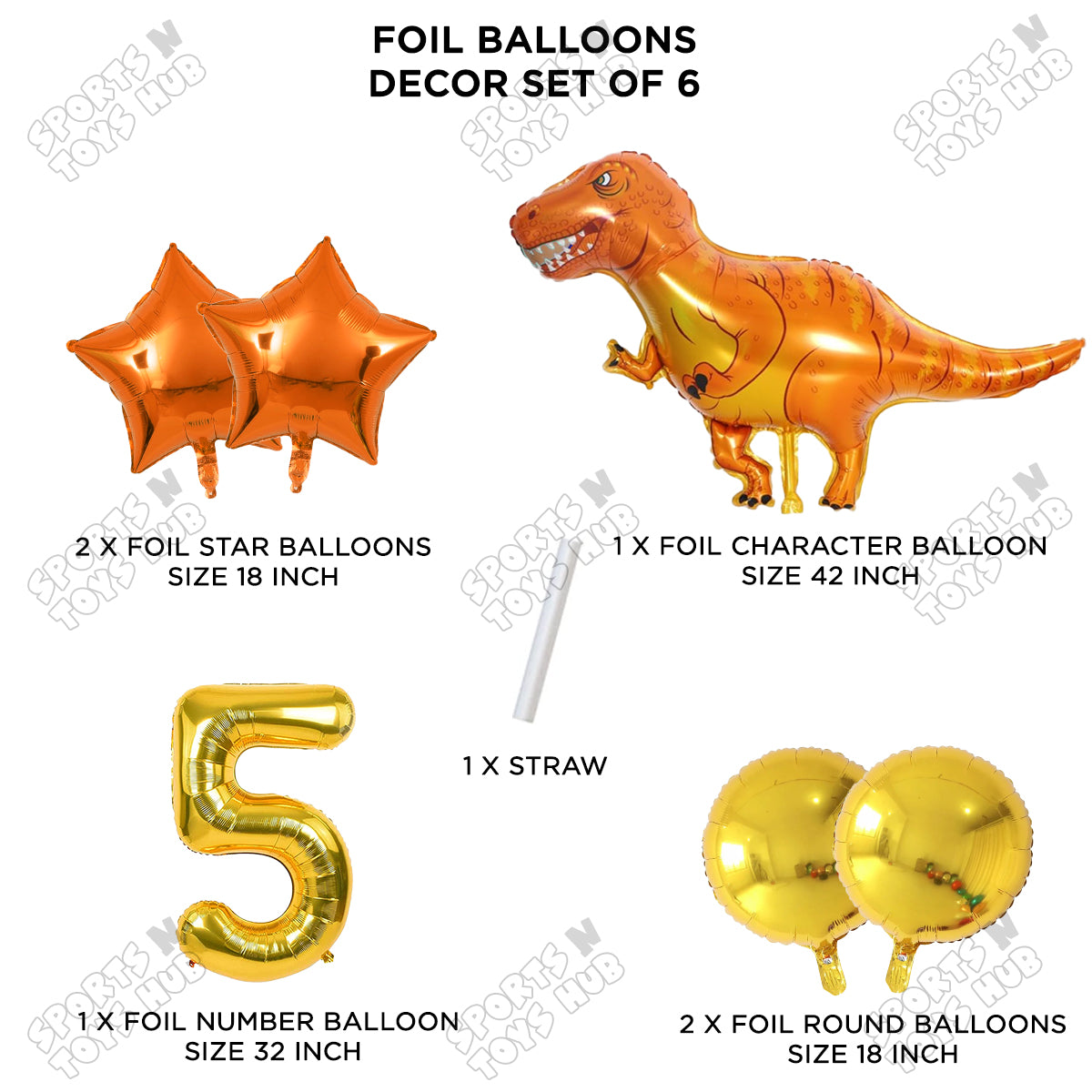 Jumbo T-Rex Orange Dino Foil Balloon Pack Of 6 Set With 32 Inch Foil Number Balloons