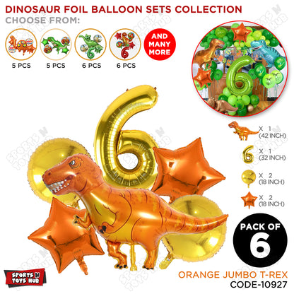 Jumbo T-Rex Orange Dino Foil Balloon Pack Of 6 Set With 32 Inch Foil Number Balloons