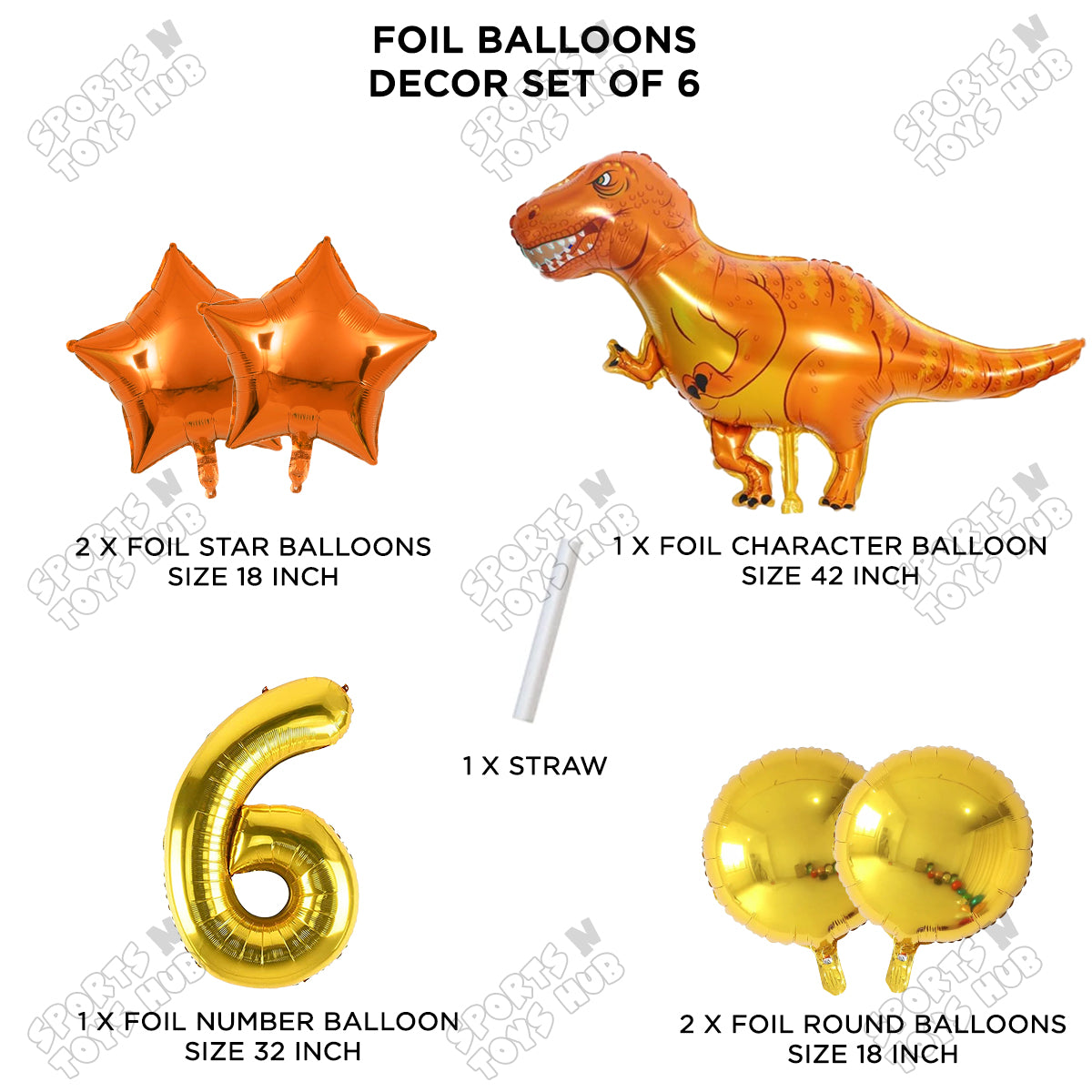 Jumbo T-Rex Orange Dino Foil Balloon Pack Of 6 Set With 32 Inch Foil Number Balloons