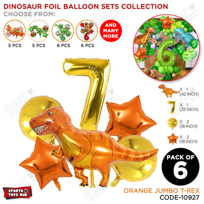 Jumbo T-Rex Orange Dino Foil Balloon Pack Of 6 Set With 32 Inch Foil Number Balloons