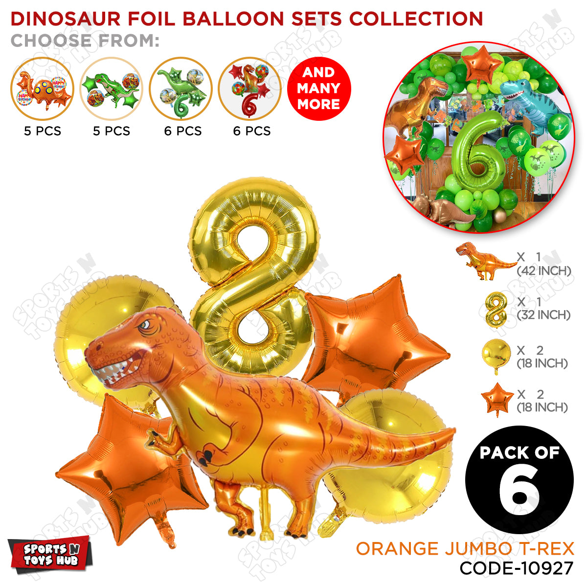 Jumbo T-Rex Orange Dino Foil Balloon Pack Of 6 Set With 32 Inch Foil Number Balloons