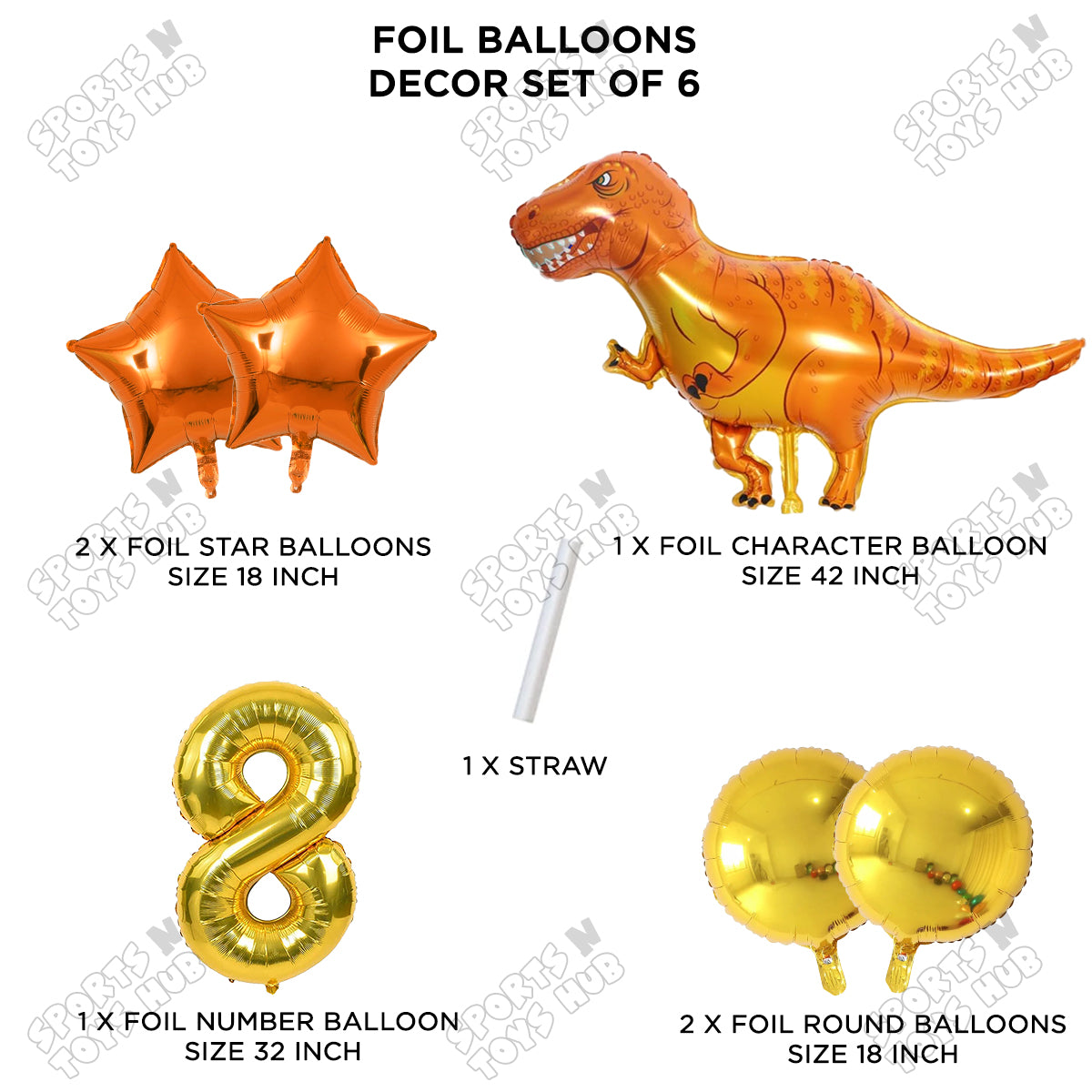 Jumbo T-Rex Orange Dino Foil Balloon Pack Of 6 Set With 32 Inch Foil Number Balloons