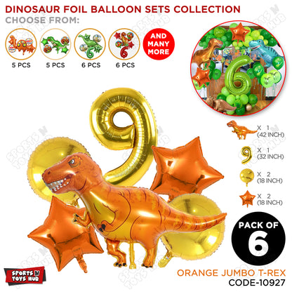 Jumbo T-Rex Orange Dino Foil Balloon Pack Of 6 Set With 32 Inch Foil Number Balloons