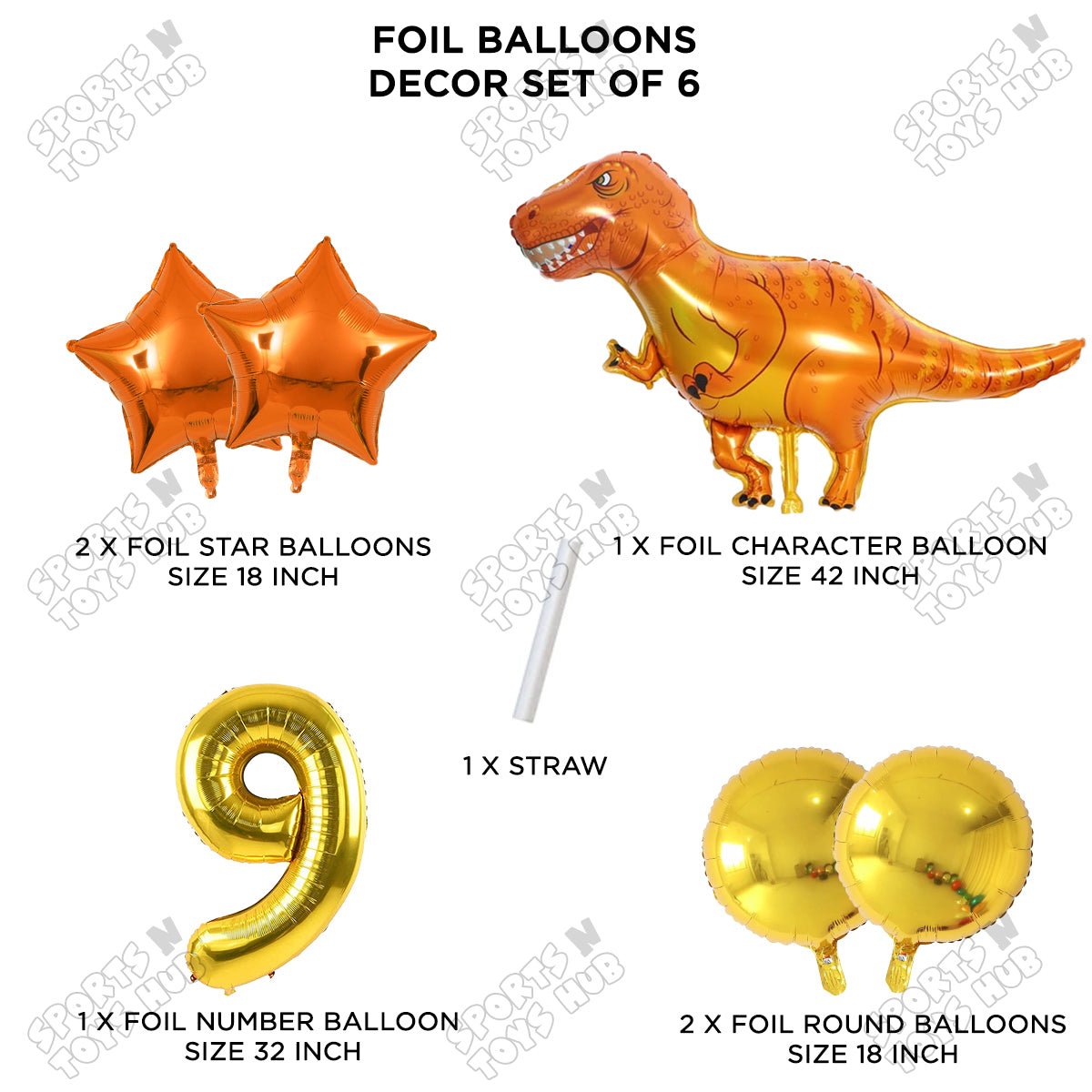 Jumbo T-Rex Orange Dino Foil Balloon Pack Of 6 Set With 32 Inch Foil Number Balloons