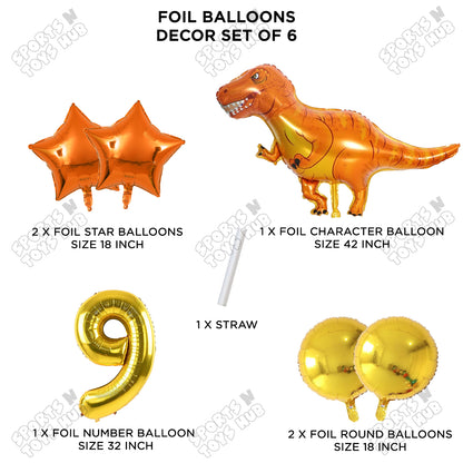 Jumbo T-Rex Orange Dino Foil Balloon Pack Of 6 Set With 32 Inch Foil Number Balloons
