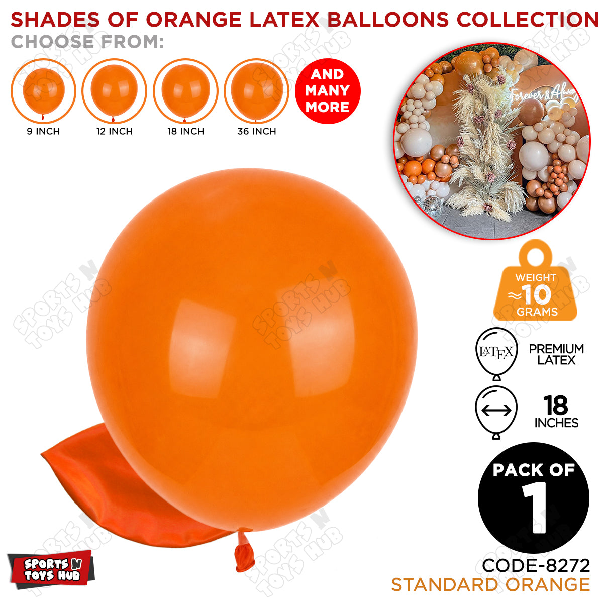 Orange Latex Balloons Available In 9, 12, 18 & 36 Inch Sizes