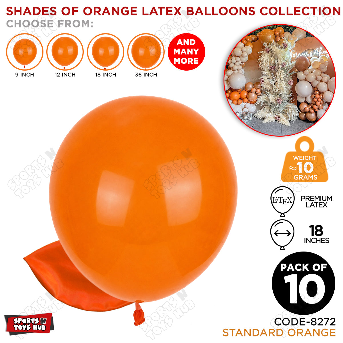 Orange Latex Balloons Available In 9, 12, 18 & 36 Inch Sizes