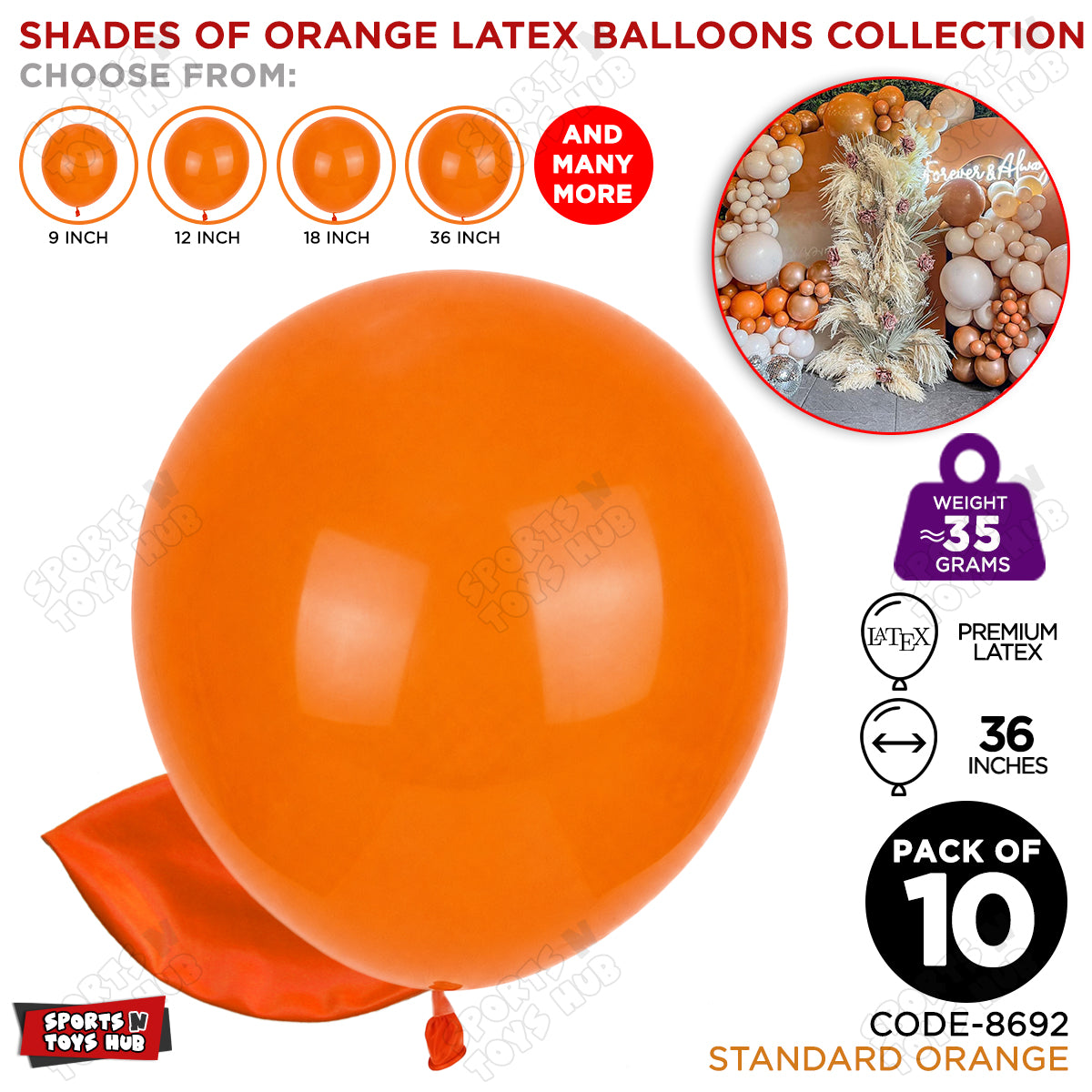 Orange Latex Balloons Available In 9, 12, 18 & 36 Inch Sizes