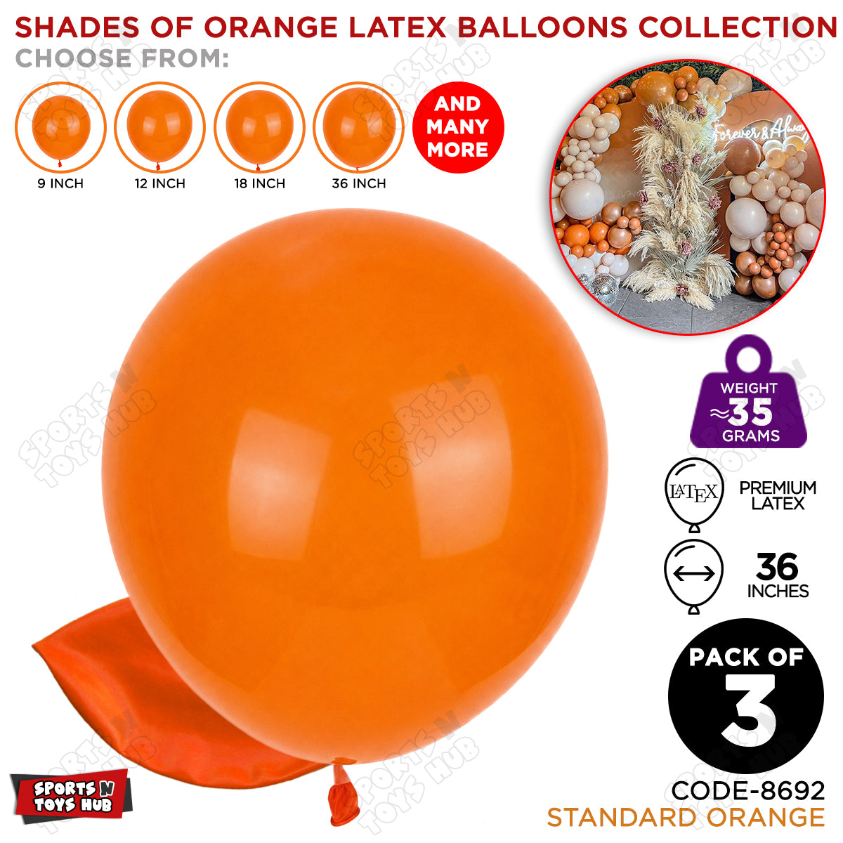Orange Latex Balloons Available In 9, 12, 18 & 36 Inch Sizes
