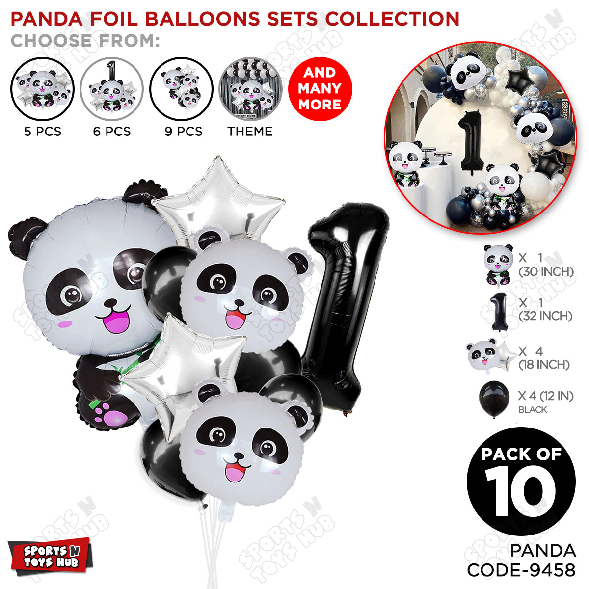 Jungle Safari Panda Pack Of 10 Foil Balloon Set