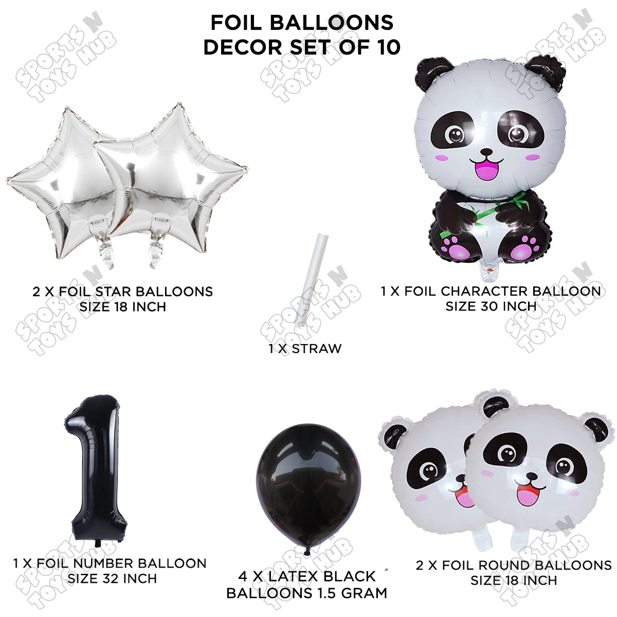 Jungle Safari Panda Pack Of 10 Foil Balloon Set