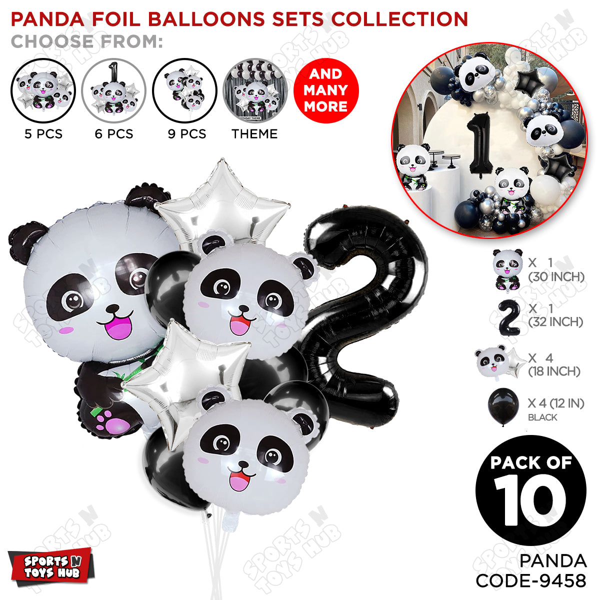 Jungle Safari Panda Pack Of 10 Foil Balloon Set