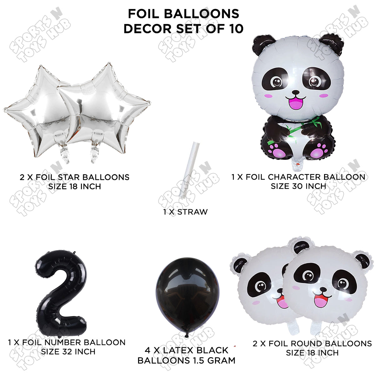 Jungle Safari Panda Pack Of 10 Foil Balloon Set