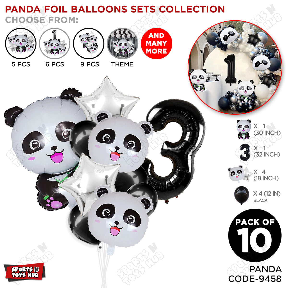Jungle Safari Panda Pack Of 10 Foil Balloon Set