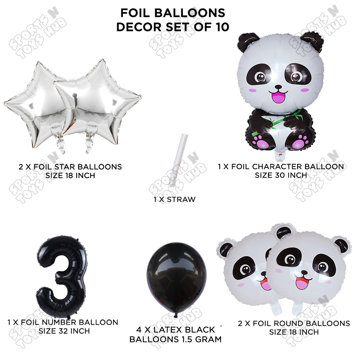 Jungle Safari Panda Pack Of 10 Foil Balloon Set