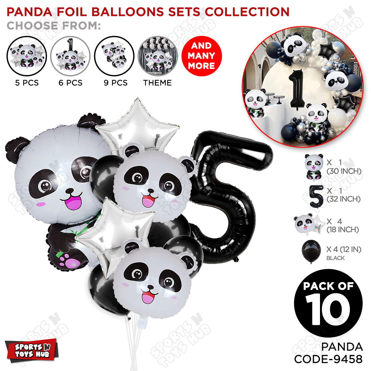 Jungle Safari Panda Pack Of 10 Foil Balloon Set